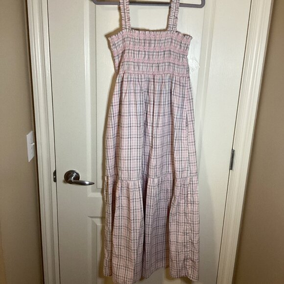 French Connection Women's Pink Grey Check Smocked Midi Sun Dress Size S Vacation - Picture 6 of 8